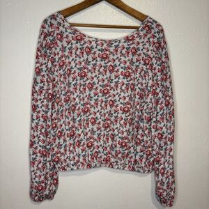LOFT Top Women's Medium Red Multicolor Floral Long Balloon Sleeve Cropped V Back